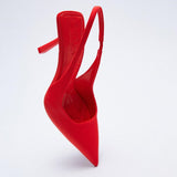 woloong New Women's Closed Toe Red Single Shoes with Stiletto Heel Mid-heeled Fashion Sandals with Hollow Pointed Toe Shoes