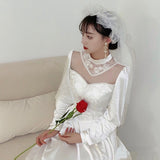 NEW Wedding Dress Tea Lenght Long Sleeves Lace High Neck Korean Style Robe De Mariage Wedding Gown Private Marriage платье белое