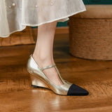 New Women's pumps Natural Leather 22-25cm Cowhide upper Wedge heel pointed toe stitching shoes Mary Jane shoes full leather