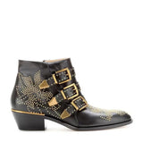 Studded Real Leather Ankle Boots Women Round Toe Rivet Flower Martin Short Boots Cowhide Thick Heel Low New Heel Women's Shoes