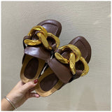 woloong  New Brand Women Slipper Fashion Chain Decor Round Toe Flats Mules Lazy Loafer Women Outdoor Slides Slip On Sandal