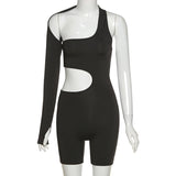 Summer Autumn Women Sexy Fitness Jumpsuit One Shoulder Skinny Bodycon Solid Sport Romper Playsuit