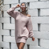 Aieru Women's Autumn and Winter New Knitted Sweater Dresses Casual Off Shoulder Lantern Sleeve Knitted Sweater Skirts Pull Femme 18045