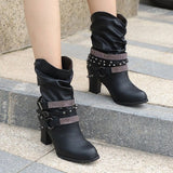 New Women High Boots Punk Rivet Buckle Square Mid Heel Knee-High Boots Pu Leather Pointed Toe Female Solid Tall Shoes Botas