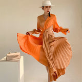 New Fashion Women V-neck Contrast Color Flare Waist Lace Up Orange Long-sleeved Dresses