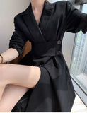 woloong Hot New Design Korean Style High Street Womens Fashion Cute Elegant Office Lady Button Notched Long Split Slit Sexy Blazer Dress