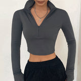 Solid color casual T-shirt women  long sleeves turtleneck crop tops sexy simple style party club spring summer new