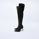 goosudu High Heel Over Knee Boots For Women Winter New Brand Ladies Black Elastic Satin Pointy Side Zip Slim Heel Stiletto Boots