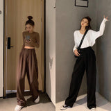 Retro Solid Color Wild Straight Wide Leg Pants Female Spring New Korean Fashion High Waist Casual Long Pants