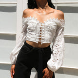 Women Off Shoulder Blouse Ladies Long Sleeve Slash Neck Hollow Lace Loose Shirt Tee Sexy Casual Tops Blusas Femininas Hot New