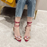 woloong  New Summer Women Sandals Female Pu Pointed Toe Crystal Fashion Pumps Ladies Solid Thin High Ankle Strap Sexy Shoes