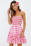 goosudu Orange Plaid Print Vintage Women Pleated Trimmed Summer Dress Backless Elastic New Gingham Mini Beach Dress Boho