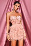 goosudu Lalia Pink Sequin Feather Mini Dress