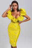 goosudu Jacquard Off Shoulder Midi Dress - Yellow