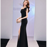 goosudu Host Evening Dress Dress Light Luxury Minority One-Shoulder Black Long Dress Fishtail off-the-Shoulder Gown Women