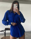 GOOSUDU New 2025 style cross-border fashion suit lapel long-sleeved solid color shirt top shorts button two-piece set wholesale