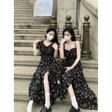 2025 summer new black floral dress women's high-end temperament coffee break skirt split suspender skirt long dress