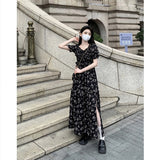 2025 summer new black floral dress women's high-end temperament coffee break skirt split suspender skirt long dress