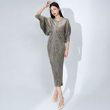 2025 Women's Wholesale Source Metal Sequins Pleated Dress V-Neck Bat Sleeve Loose Irregular Dress