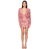 Popular trade women's deep V-pleated long-sleeved dress summer high-end hip-wrapped backless sequin dress women