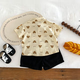 INS Boy  Summer Handsome Gentleman Bow Tie Short Sleeve Printed Bear Shirt Shorts Two-Piece Suit