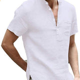 GOOSUDU Summer New Cotton and Linen Short-Sleeved Men's T-shirt Stand Collar Buckle Half Cardigan Simple Short-Sleeved Shirt