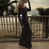 2024 European and American Spring and Summer New New Voile Polka Dot Stitching off-Shoulder Sexy Slim Fit Dress Women