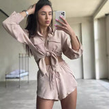 GOOSUDU New 2025 style cross-border fashion suit lapel long-sleeved solid color shirt top shorts button two-piece set wholesale