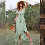 popular Summer Bohemian Beach Vacation Dress Man Cotton Printed V-Neck Strap Slim Fit Dress