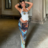 GOOSUDU Hot trade New Popular, 2025 and popular autumn new smudge printing personalized pleated top slim strap skirt set