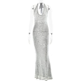2025 popular fashion new sexy sleeveless deep V neck dress temperament slim backless sequined evening dress