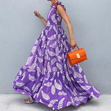 2025New spring and summer new  women's clothing  violet printing sleeveless waist pendulum dress