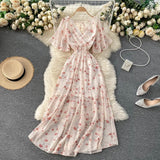 Seaside Holiday Dress Summer 2024 New Sexy V-neck Tight Waist Slimming Long Chiffon Floral Beach Dress