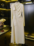 2025 velvet dress women's autumn and winter high-end sense Hepburn style temperament semi-high neck waist pleated bottom long dress