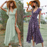 popular Summer Bohemian Beach Vacation Dress Man Cotton Printed V-Neck Strap Slim Fit Dress
