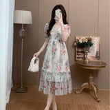 summer new  light luxury mesh printing splicing waist thin medium and long temperament dress dress women