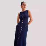 GOOSUDU 2025 Knitted dress temperament elegant sleeveless button dress long dress