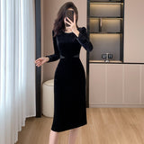 2025 spring new fashion golden velvet splicing waist beads celebrity style medium and long dress