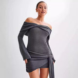 GOOSUDU 2025 sweater dress knitted one-word shoulder irregular strap sweater dress