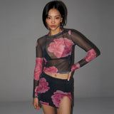 GOOSUDU 2025 fashion new two-piece set, sexy mesh long-sleeved top, slim-fitting short split-ended printed skirt suit, women