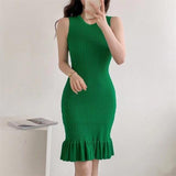 European and American Hot Girl Tight Vest Skirt Sexy round Neck Waist Slimming Sleeveless A- line Ruffled Knitted Dress Summer