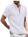 GOOSUDU Summer New Cotton and Linen Short-Sleeved Men's T-shirt Stand Collar Buckle Half Cardigan Simple Short-Sleeved Shirt