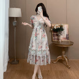 summer new  light luxury mesh printing splicing waist thin medium and long temperament dress dress women