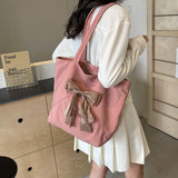 College Student Class One-Shoulder Canvas Bag Contrast Color Bow Women's Bag Large Capacity  New High-Grade Tote Bag