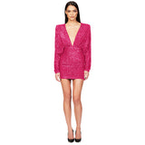 Popular trade women's deep V-pleated long-sleeved dress summer high-end hip-wrapped backless sequin dress women