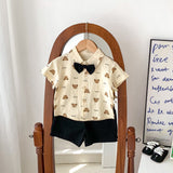 INS Boy  Summer Handsome Gentleman Bow Tie Short Sleeve Printed Bear Shirt Shorts Two-Piece Suit