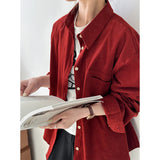 2025 corduroy polo collar shirt women's popular spring solid color long sleeve chic loose college style top 88