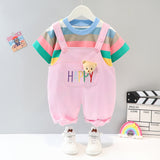 Children's Korean-Style Children's Clothing Summer Boys' Suspender Pants Two-Piece Set New Girls' Summer Striped Short Sleeve Suit 1884