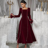 ANTMVS2025 style new autumn and winter party dress  lady dress, Korean velvet horn sleeve square collar A-shaped long dress for women