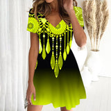 New Spring and Summer V-neck Short Sleeve Midi Dress Retro Ethnic Colorful Digital Printing Sweet Women's Clothing Wq20